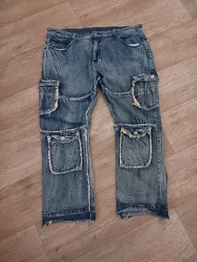 Brooklyn's Best Blue Distressed Cargo Patch Jeans Men's Size 40x30
